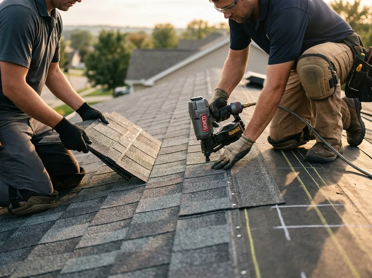 Professional roofer working on a residential roof in Carol Stream